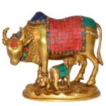Brass Cow And Calf  8.3 Inch Stone Work