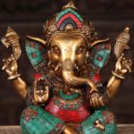 Brass Taj Ganesha with OM & Trident on Trunk 9