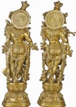 Brass Krishna With Radha Standing Fine Carving 29 Inch - Image 2