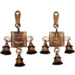 3 Bells Brass Hanging Hindu God Ganesha And Goddess Laxmi Ji Statue Engraved