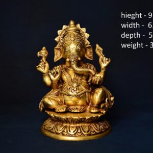 Brass Ganesh siting on Lotus Base 9 inch