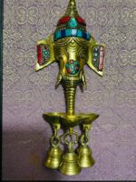 Brass Lord Ganesha with 3 Bells and Diya for 3 Wicks Brass Wall Hanging with frame - Image 3