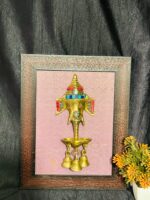 Brass Lord Ganesha with 3 Bells and Diya for 3 Wicks Brass Wall Hanging with frame - Image 2