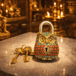 Golden Owl Design Functional Brass Owl Lock with 2 Keys, Stone Work, Standard, Pack of 1 Lock and 2 Keys