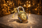 Golden Buddha Design Functional Brass Buddha Lock with 2 Keys, Stone Work, Standard, Pack of 1 Lock and 2 Keys