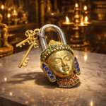 Golden Buddha Design Functional Brass Buddha Lock with 2 Keys, Stone Work, Standard, Pack of 1 Lock and 2 Keys