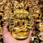 Brass Panchmukhi Hanuman Seated in Blessing Posture, Fine Golden Finish, 4 inch