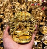 Brass Panchmukhi Hanuman Seated in Blessing Posture, Fine Golden Finish, 4 inch